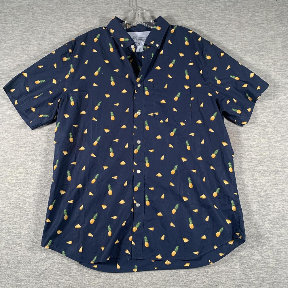 Banana Republic Luxe Poplin Shirt Mens XL Blue Pineapple Short Sleeve Button